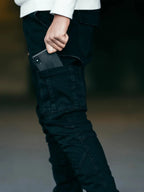 Men Street Elastic Denim Jeans Wash Solid Color Multi Pockets Cargo Pants Casual Slim Fit Daily Wear Joggers Mid Waist Trousers