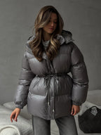 Bornladies Drawstring Slim Fit Cotton Jacket Women's  Winter New Hooded Zipper Cotton Robe Comfortable Warm Bread Jacket