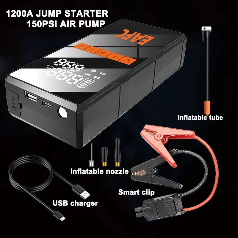 EAFC 1200A Smart Car Jump Starter with 150PSI Air Pump -8000mAh Power Bank  LED Light Smart Inflate for Cars Motorcycles Trucks