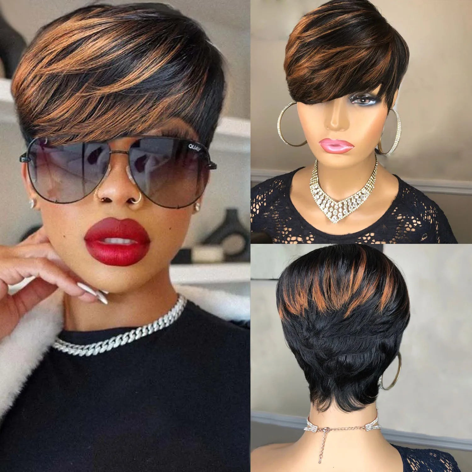 Pixie Cut Wig Human Hair Short Wig for Black Women Short Pixie Wig With Bangs full machine made  Wig Main image