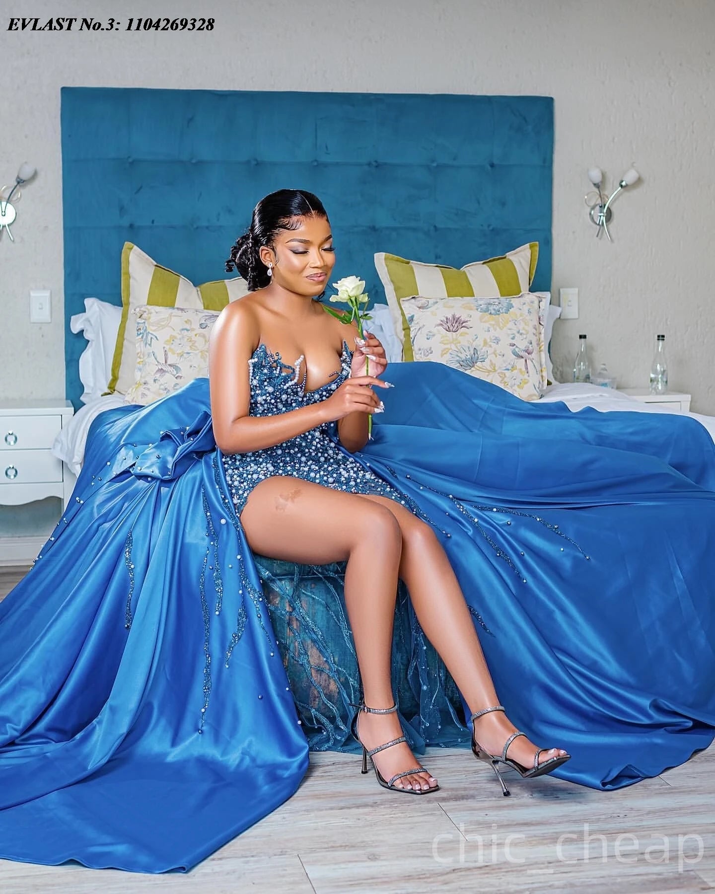 EVLAST Customized Blue Mermaid Prom Dress Pearls Beaded High Slit Detachable Train Evening Gown For Special Occasion E3P386