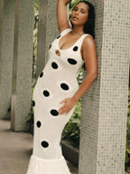 Women Sexy See Through Knitted Maxi Dress Hollow Out Deep Neck Pot Robes Tassel Hem Fork Party Vestidos 2025 New Lady Club Gown