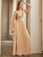 Women Evening Dresses 202 Sister Group Sexy Split V Neck Backless Sleeveless Formal Wedding Party Prom Gowns Bridesmaid Vestido