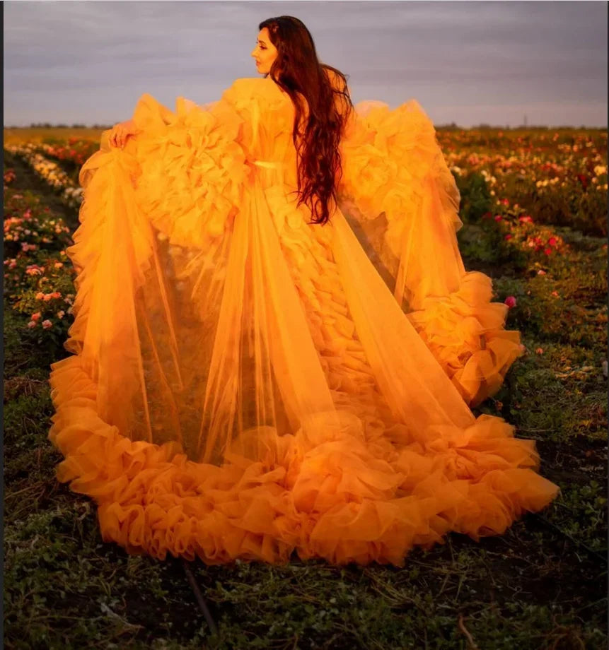 Tulle Ruffle Boudoir Pregnancy Photoshoot Robe Ruffle Maternity cloak For Baby Shower Gender Reveal bridal Dress wedding