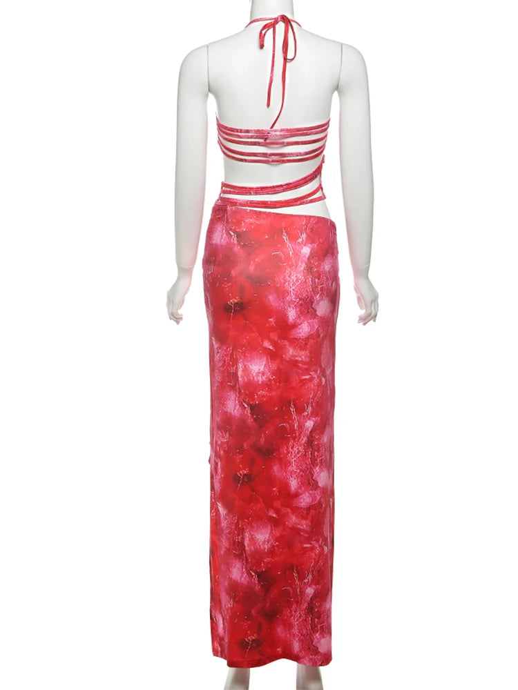 Weird Puss Tie-Dye Print Dress Women Bandage Halter Backless Irregular Hollow Ruched Knot Tie-Dye Ribbon Slits Sexy Long Bodycon