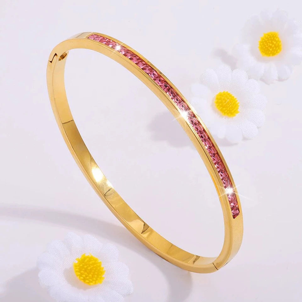ZAKOL 5pcs/1pcs Pink Crystal Zircon Inlaid Stainless Steel Bracelet Charm Stacked Bracelets Fashion Non-fading Jewelry Gift