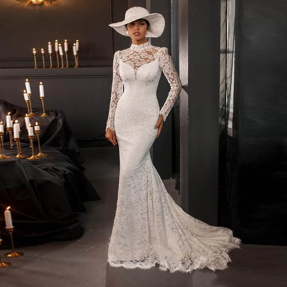 High Collar Women Wedding Dresses Gorgeous Sexy Sleeveless Mermaid Bridal Gowns Mopping Length Banquet Robe De Mariée Customized Main image