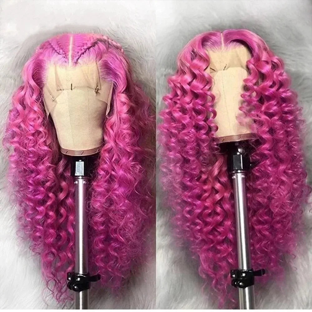 Rose Pink Small Curls Lace Front Wig 13x4 HD Deep Wave Frontal Wig for Women Synthetic Lace Frontal Wig Pre Plucked Daily Main image
