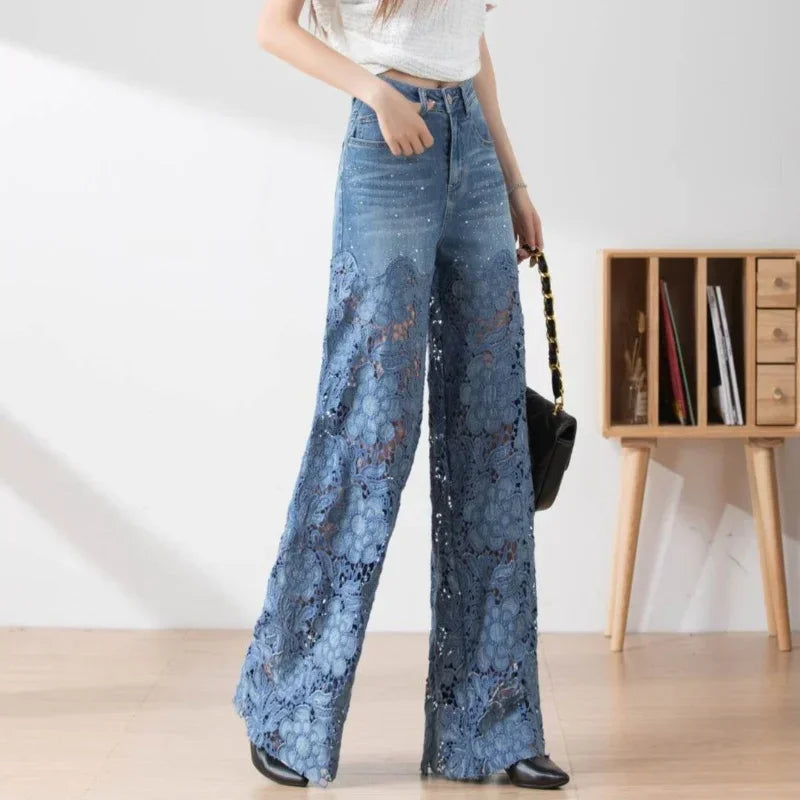 Jeans for Women High Waist Lace Patchwork Pantalones Hollow Out Oversized Spring Casual Loose All Match Pants Fashion Elegant