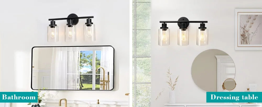 Modern Bathroom Mirror Wall Light Fixtures Black 3-Light Vanity Lights with Clear Glass for Bathroom Living Room Bedroom Hallway