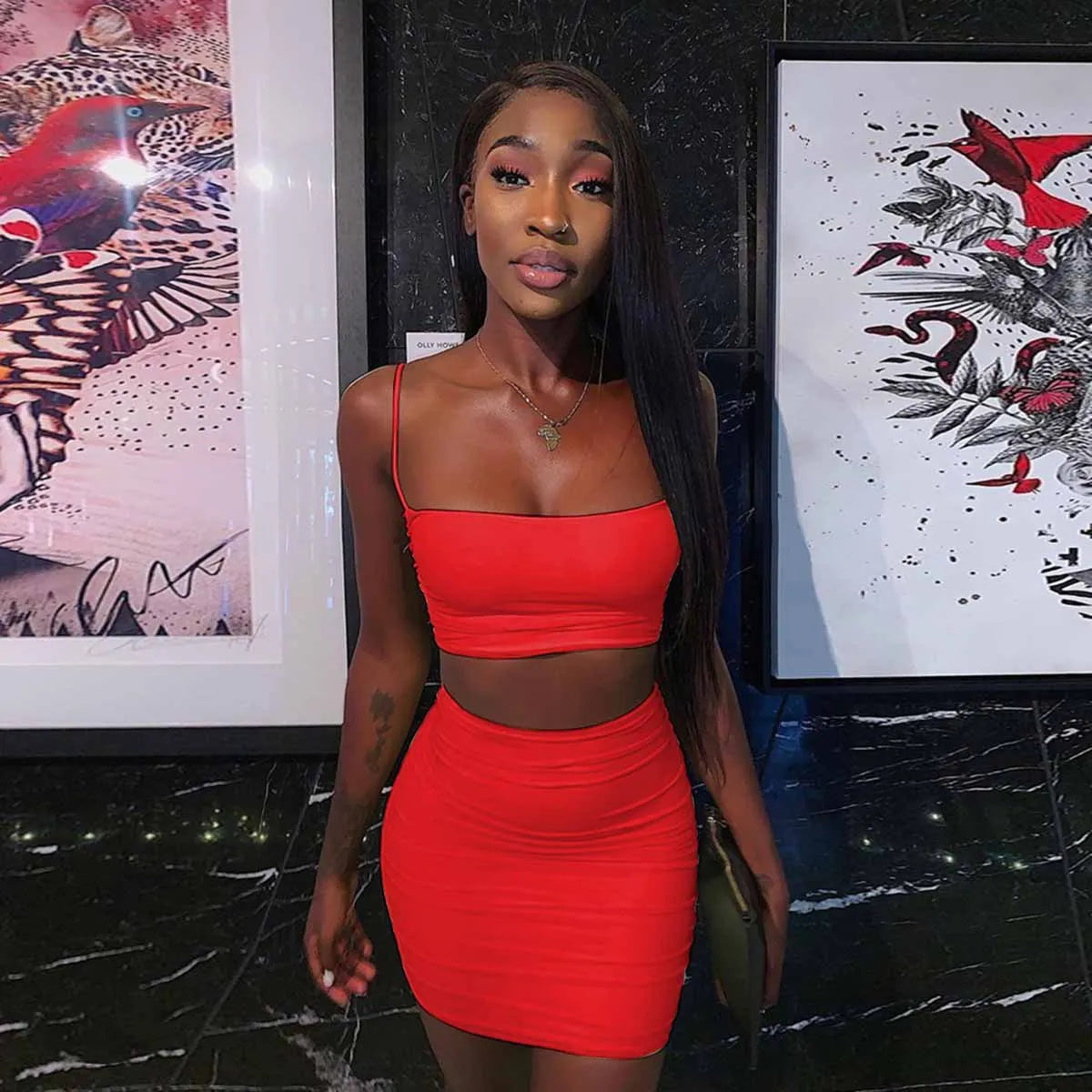 Women's New Sexy Sleeveless Strap Small Tank Top Short Top Fashion Wrinkle Bag Hip Skirt Two Piece Set