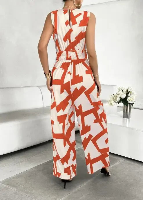 Summer Fashion Vacation Style Jumpsuits for Women Casual V Neck Sleeveless Color Blocking Lace Up High Waist Wide Leg Jumpsuit