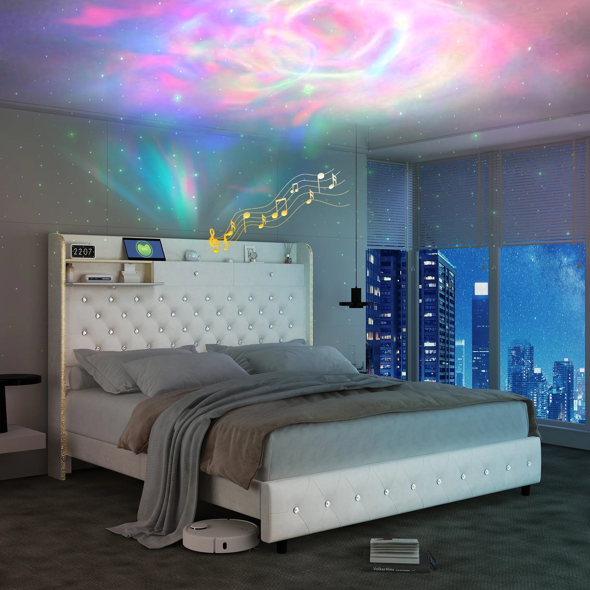 LED Bed Frame with Galaxy Star Projector, Platform Bed with Charging Station, 52" Wingback Storage Headboard, No Box Spring