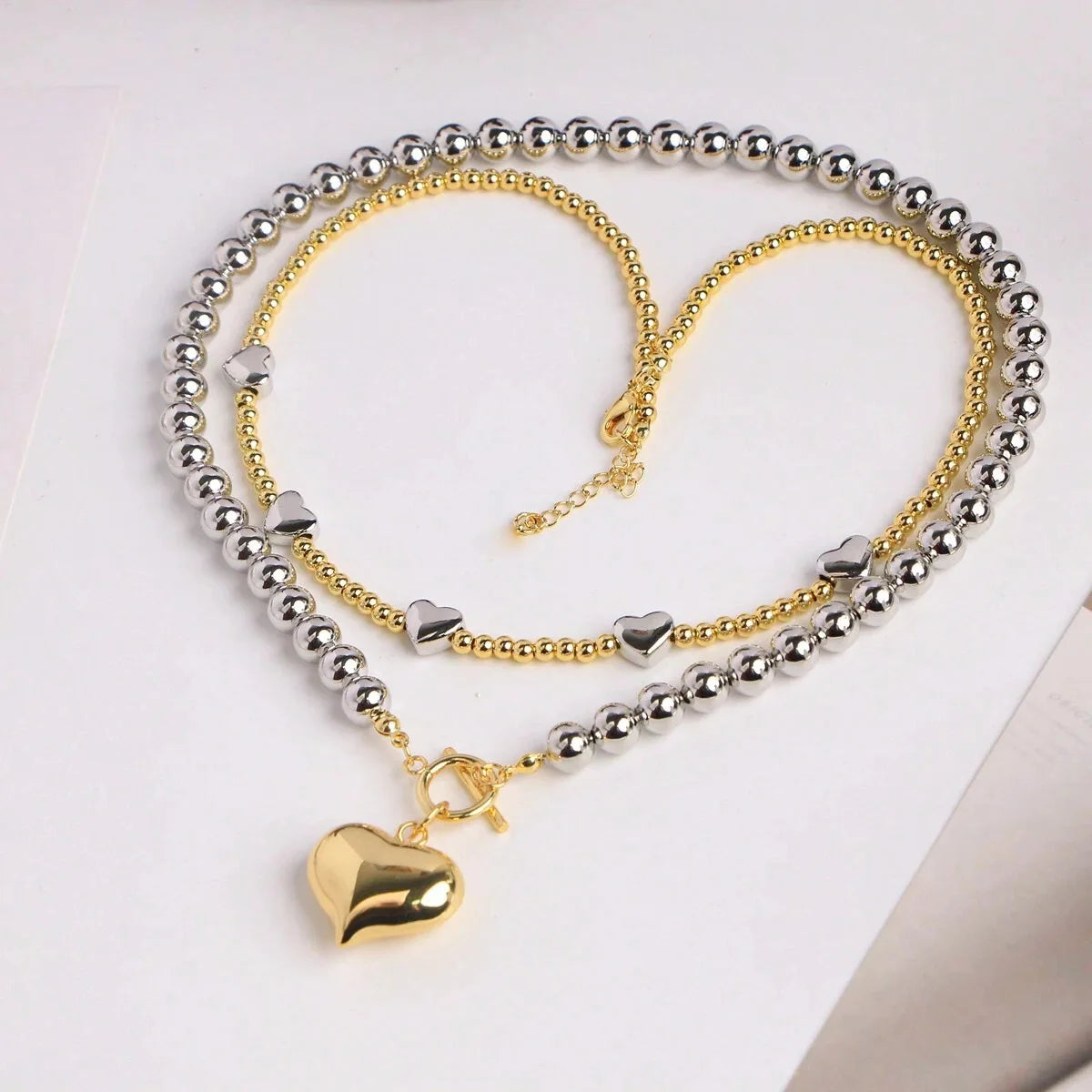 Y2k Stainless Steel Heart Pendant Bead OT Clasp Necklace For Women Men Fashion Geometric Charm Necklace Party Jewelry Gifts