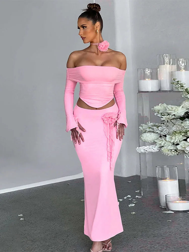 TARUXY Flower Bodycon Skirt Sets Women Slim Sexy Backless Lace Up Tops Women's Party Elegant Dress 2 Piece Womens Suits Outfits Secondary image