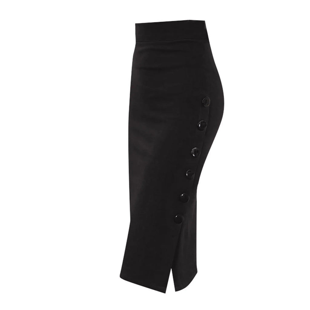 Elegant Women Vintage Office Lady Slim Skirts High Waist Buttons Slit Pencil Skirts Women Summer Sexy S-3XL Stretch Midi Skirts