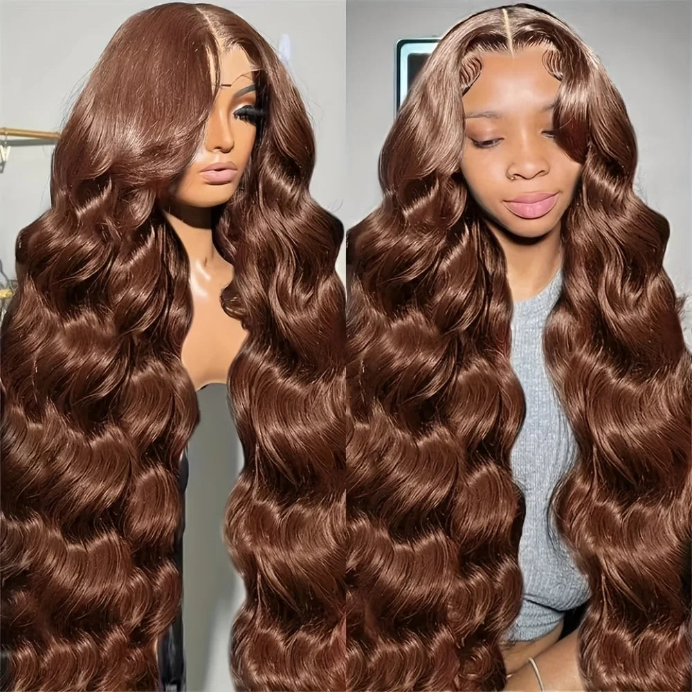 Chocolate Brown Body Wave Lace Front Wig Human Hair 220 Density Frontal Lace Wigs 30 Inch 13x6 HD Transparent Lace Human Wigs