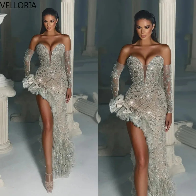 Sparkly Silver Champagne Evening Dress Corset Bodice Ruffled Slit Beaded Mermaid Formal Gowns Wedding Reception Vestidos Custom