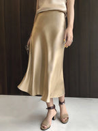 Women's Satin Skirt High Waist Elegant Midi A-line Skirt Lady's Summer Solid Champagne Vintage Silk Long Skirts for Women 2026
