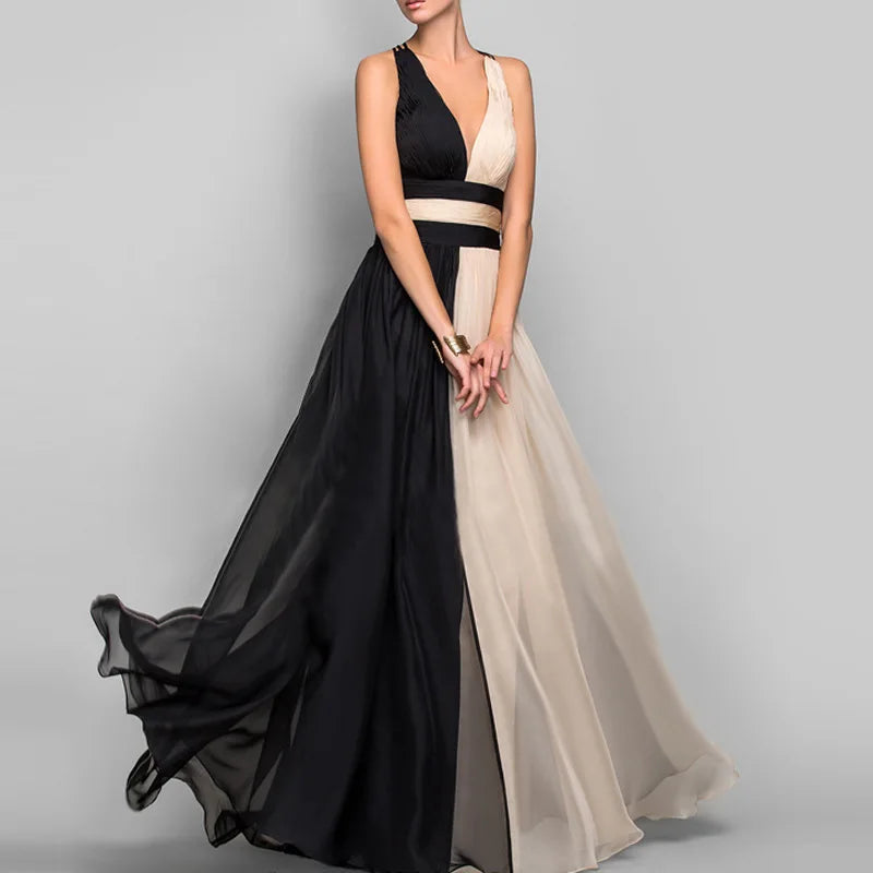 Party Dress Lady Chic Sleeveless Pleated Long Dress Elegant High Waist Evening Maxi Dress Women Fashion Gradient Patchwork Black