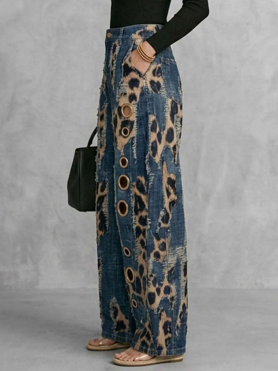 Freeacy 2026 Women High Waist Leopard Print Distressed Eyelet Hole Wide Leg Jeans Daily Casual Streetwear Demin Pants