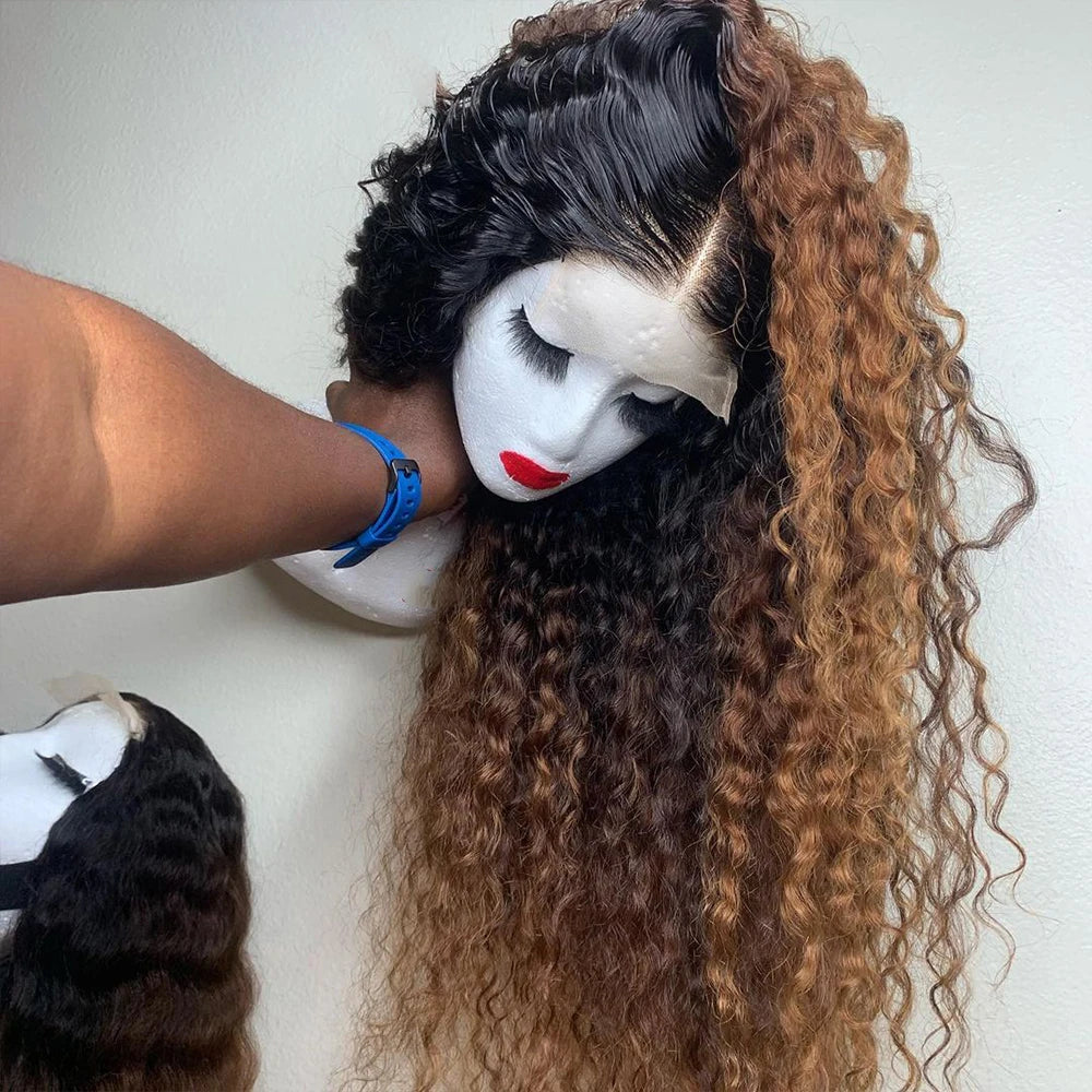 Soft Ombre Brown Kinky Curly 180Density 26Inch Long Lace Front Wig For Black Women With Baby Hair Preplucked Natural Hairline