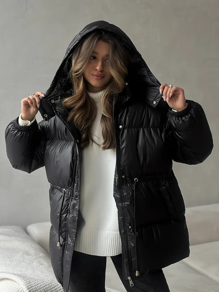 Bornladies Drawstring Slim Fit Cotton Jacket Women's  Winter New Hooded Zipper Cotton Robe Comfortable Warm Bread Jacket