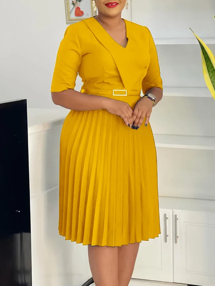 New Fashion V Neck Solid Color Pleated African Maxi Dress for Plus Size Women Elegant Evening Gown Petite Formal Dresses Summer Main image