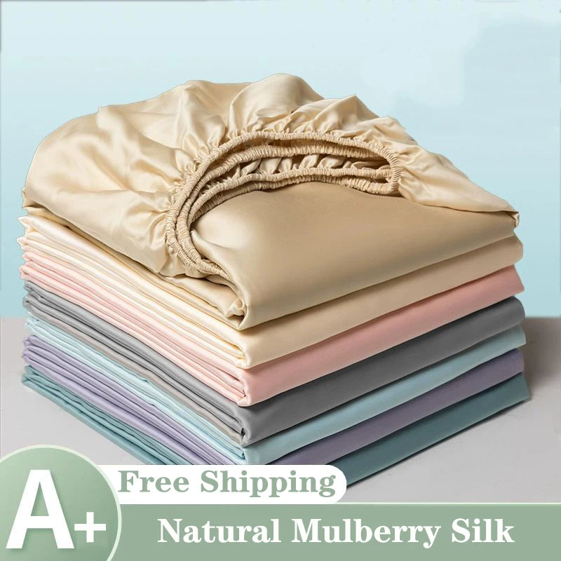 Mulberry Silk Fitted Bed Sheet with Elastic Bands Luxury Mattress Cover Single Double King Queen Size Bed Cover 100/140/200/220 Main image