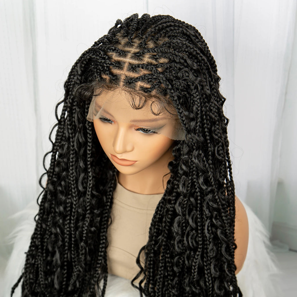 32inch Synthetic Boho Knotless Braided Wigs for Black Women Bohemian Box Braids Wigs Lace Front Braided Lace Wigs with Baby Hair
