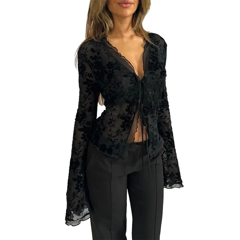 Autumn New Fashionable Chiffon Slim Fit Ruffle Trumpet Sleeve Shirt for Women