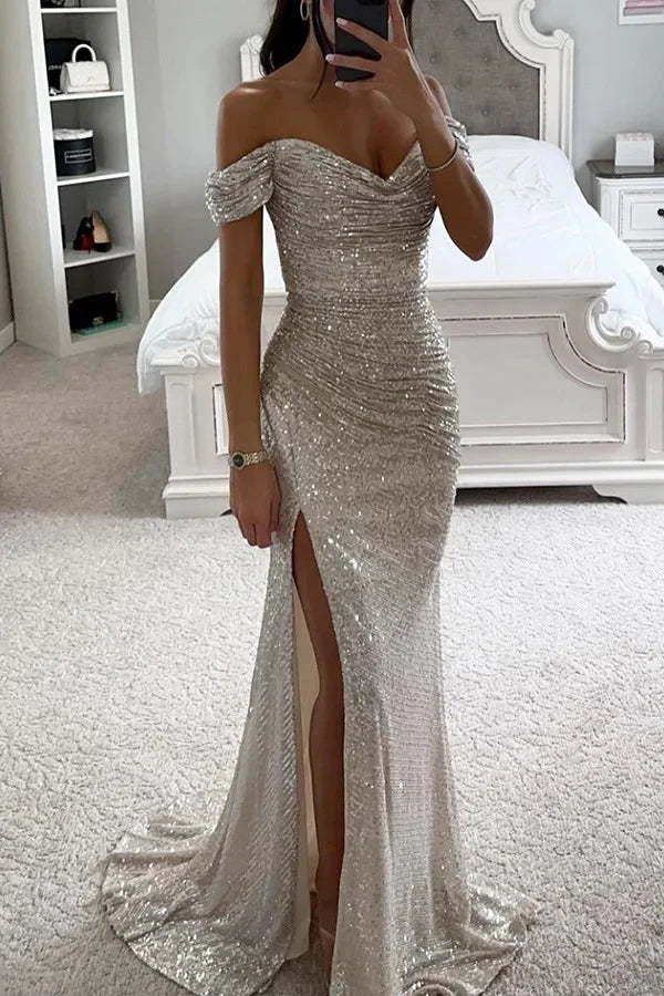 Women's S-XL Size New Party Sequins One line Neck Split Dress INS Casual Versatile Fashionable Charming Slimming Dress for Women