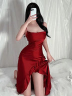 Red New Sling Sexy And Charming Ruffle Edge Bottom Split Smooth Surface Sleeveless Appear Thin Temperament Girl Long Dress 👗