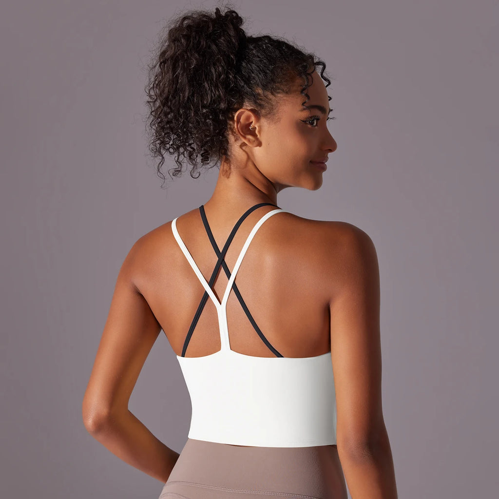 New Women Fitness Sports Bra Top Gym Yoga triangle backless Athletic Back Cutout Cross Tight Workout Soft With Chest Pad