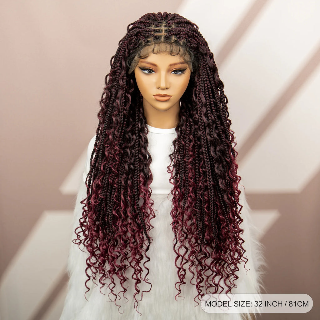32inch Synthetic Boho Knotless Braided Wigs for Black Women Bohemian Box Braids Wigs Lace Front Braided Lace Wigs with Baby Hair