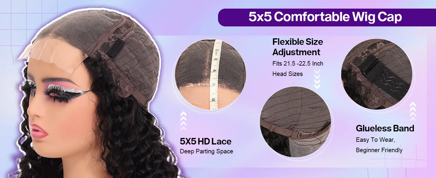 250Density Glueless Short Bob Wig 10 Inch Deep Wave Lace Front Bob Wigs Human Hair 5x5 Glueless Bob Wig Human Hair Ready To Wear