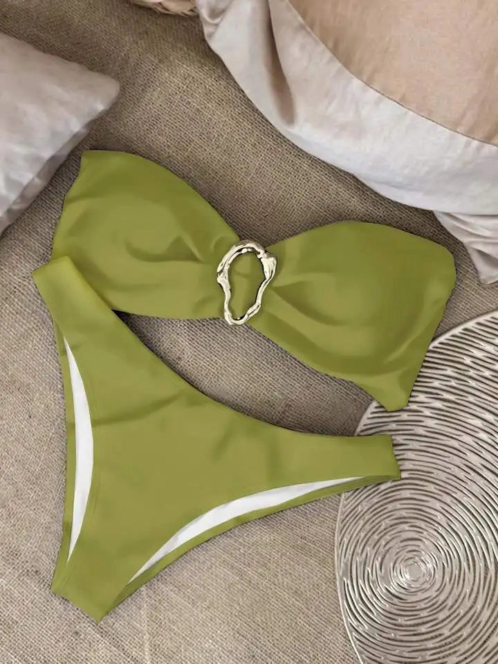 Women Strapless Bikinis Sets Summer Push Up Swimwear Two Pieces Suits Female Sexy Swimsuits Solid Color Lady Backless Beachwear