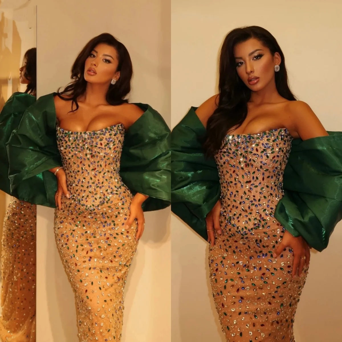 Luxurious Mermaid Evening Dress Off Shoulder Crystal Beaded Prom Gowns Illusion Floor Length Celebrity Party Dresses Customized Main image