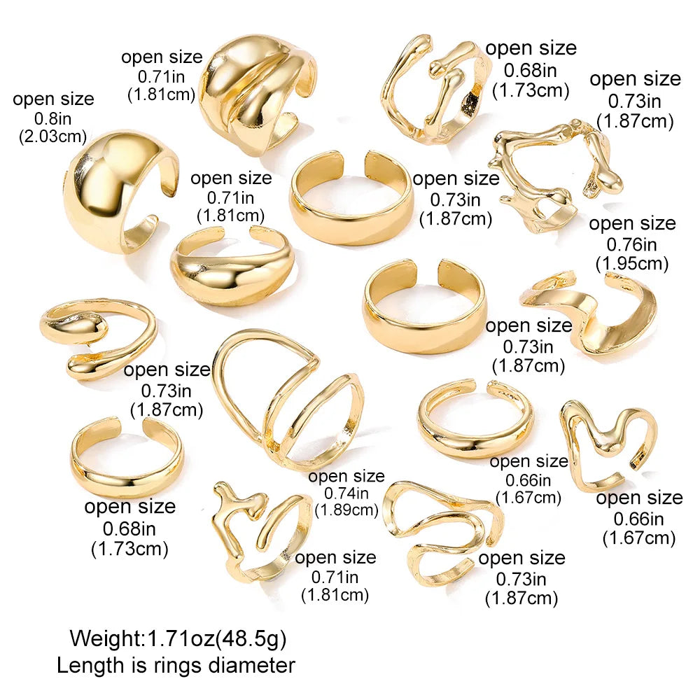 15Pcs/Set Exaggerated Metal Irregular Lines Water Droplet Smooth Rings for Women Men Punk Retro Boho Fashion Jewelry Gift Secondary image