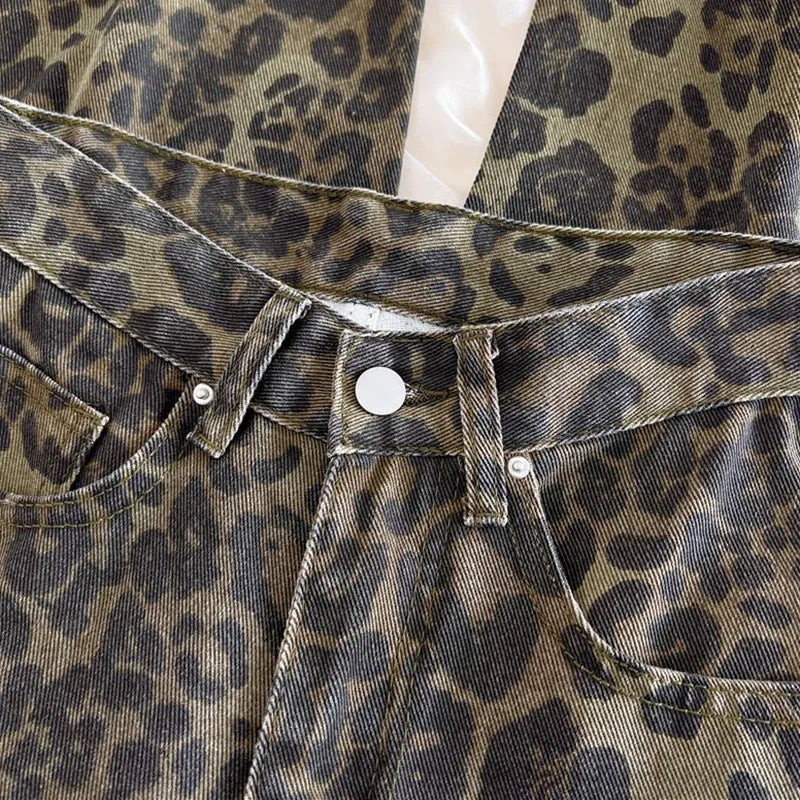 Female Retro Designer Straight Leg Jeans Pants Lady Fashion High Waist Denim Pants Women Leopard Print Baggy Trousers