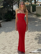 Hugcitar Elegant Women Solid Strapless Backless Bandage Sexy Bodycon Maxi Dress Summer Women Y2K Clothes Beach Vacation Party