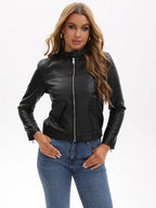 Black Women's Fitted Leather Jacket with Front Zipper & Side Pockets‌, Available in Brown, Navy Blue, and Beige.