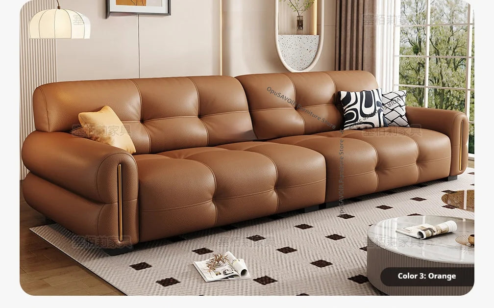 Italian Minimalist Sofa Modern Luxury Living Room Couch Straight Sofa Set Persons Genuine Leather Upholstered Furniture JT40