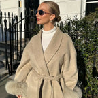Elegant Lace Up Woolen Short Coat Solid Loose Lapel Furry Belt Long Sleeve Jacket Female 2025 Autumn Winter Lady Chic Cardigan
