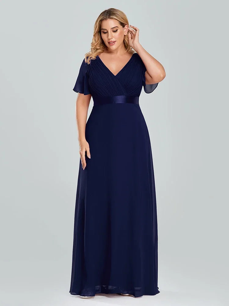 Prom Dresses Plus Size Evening Dresses Long  Elegant A Line V Neck Ruffles Chiffon Formal Wedding Party Dress Robe De Soiree