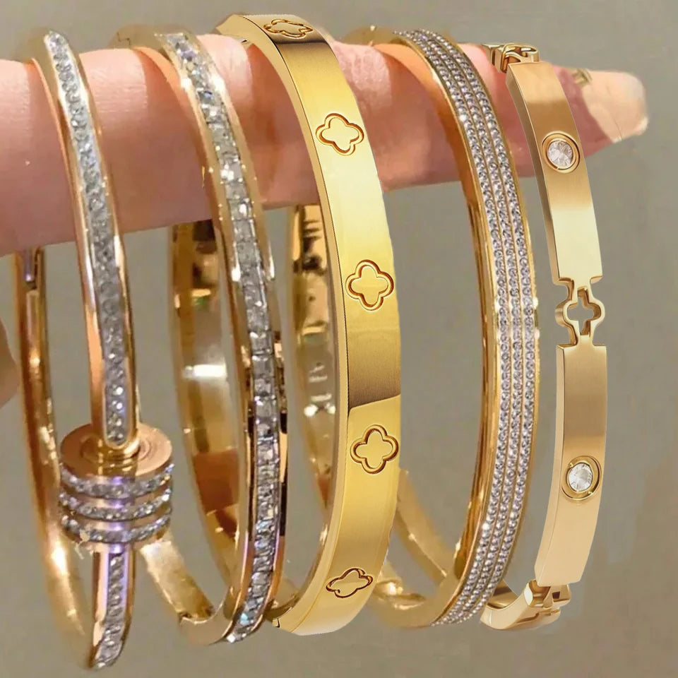 ZAKOL 5/1pcs Creative Stainless Steel Four-leaf Flower Bracelet Set for Women Buling Zirconia Inlaid Fashion Stackable Jewelry Main image
