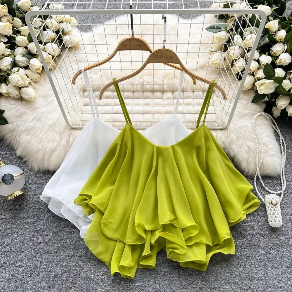 New Summer Spaghetti Straps Ruffle Sleeveless Tanks and Camis Korean Corset Crop Tops Solid Tank Camisoles Women Clothes Y2k Main image