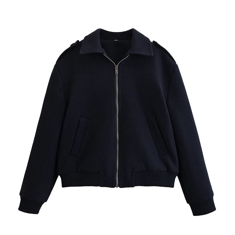 Woolen Zipper Loose Short Jacket Women Long Sleeve Lapel Solid 2025 Autumn Winter Commute Coat Street Office Warm Ladies Outwear