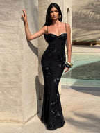 Nibber Elegant Flower Embroidery Maxi Dress Women Low-Neck Cross Bandage Backless Summer Street Trend Skinny Holiday Vestidos