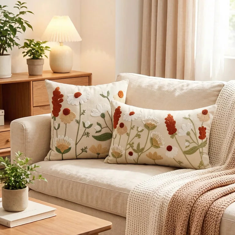 Spring Summer Floral Embroidered Decorative Throw Pillow Covers 12x20 Inch Farmhouse Beige Flowers Boho Cushion Case for Bedroom Main image